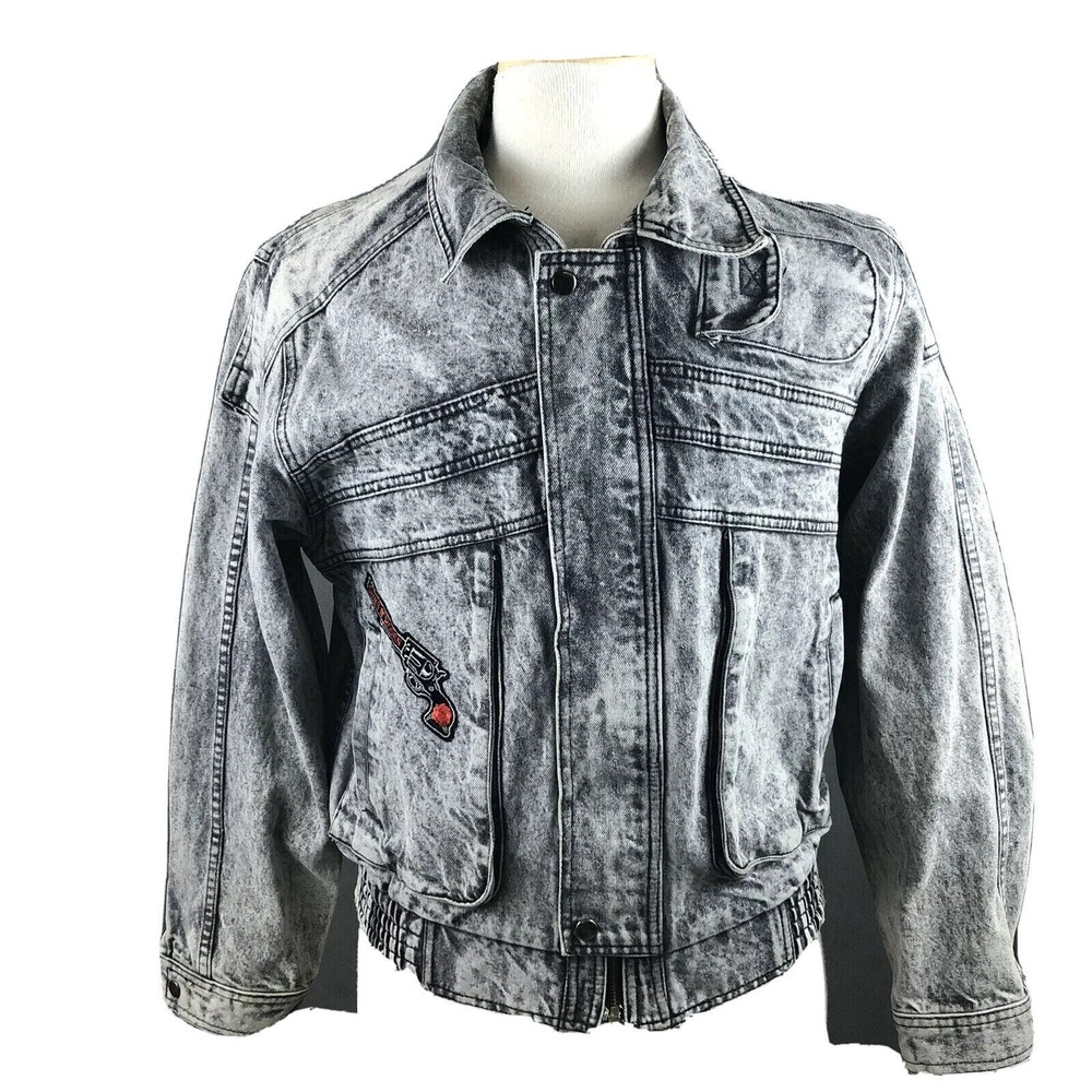 Stone Washed Denim Blue Jean Trucker Jacket Medium Guns N' Roses Patch Vintage